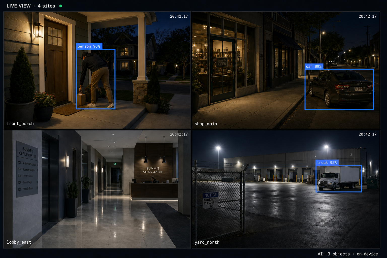 Four-camera live view mosaic: a storefront entrance, a warehouse loading dock, an office building lobby, and an industrial yard — each with activity labels for people and vehicles