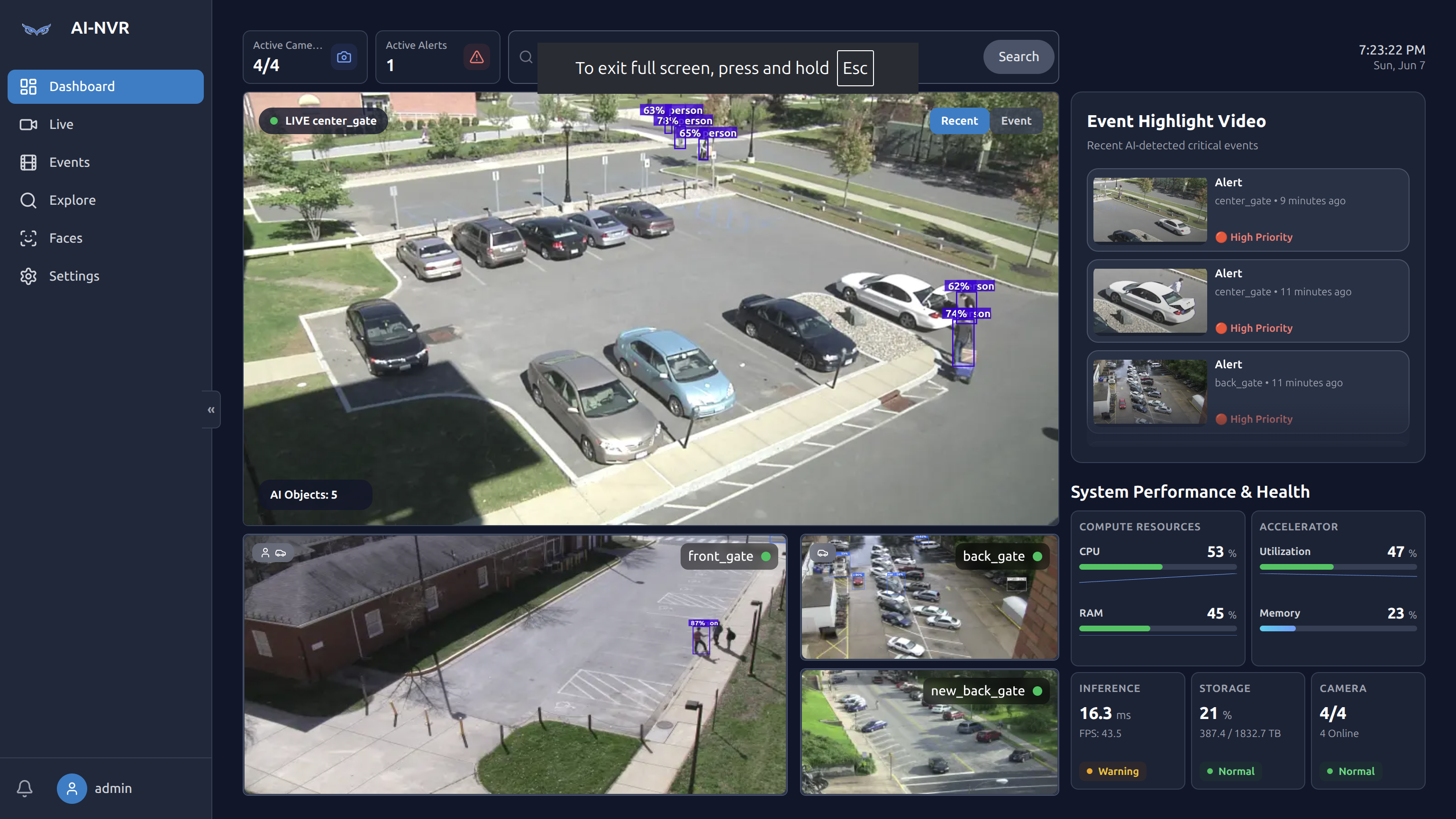 AI-NVR Dashboard with live detections and system health