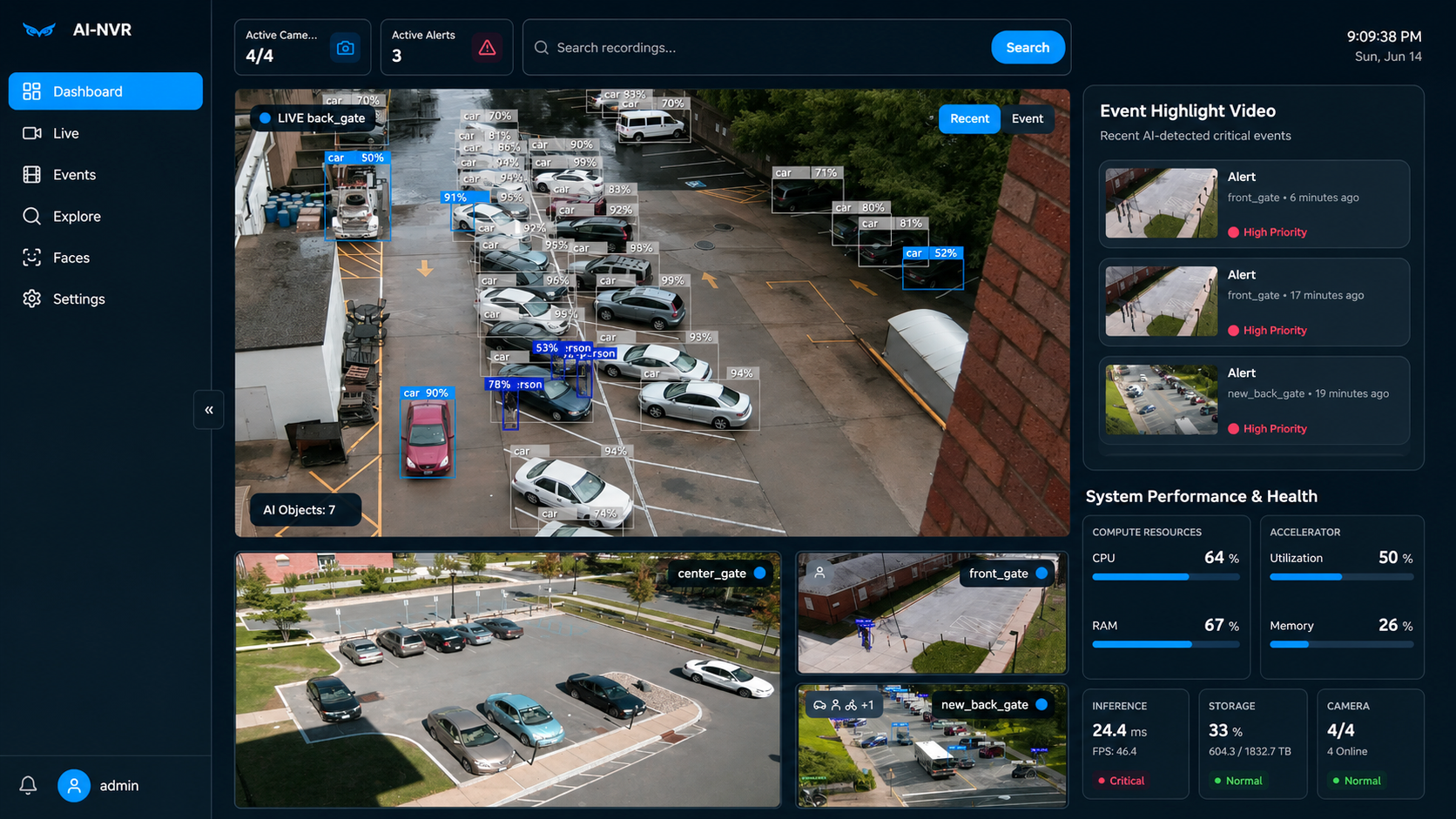 Owl-NVR desktop dashboard with live multi-camera views, recent events, and system health