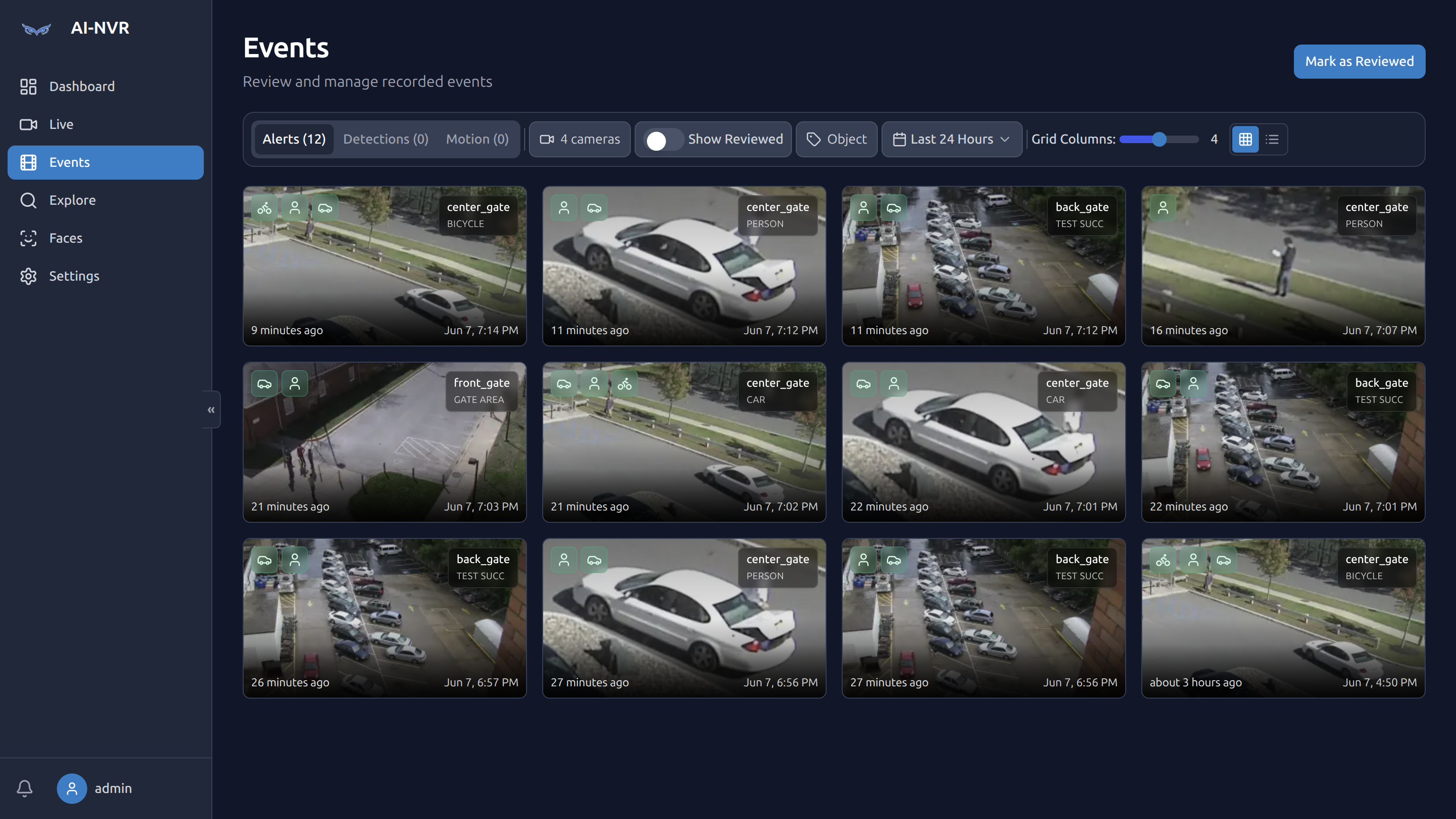 Events review grid with categorized AI-tagged clips