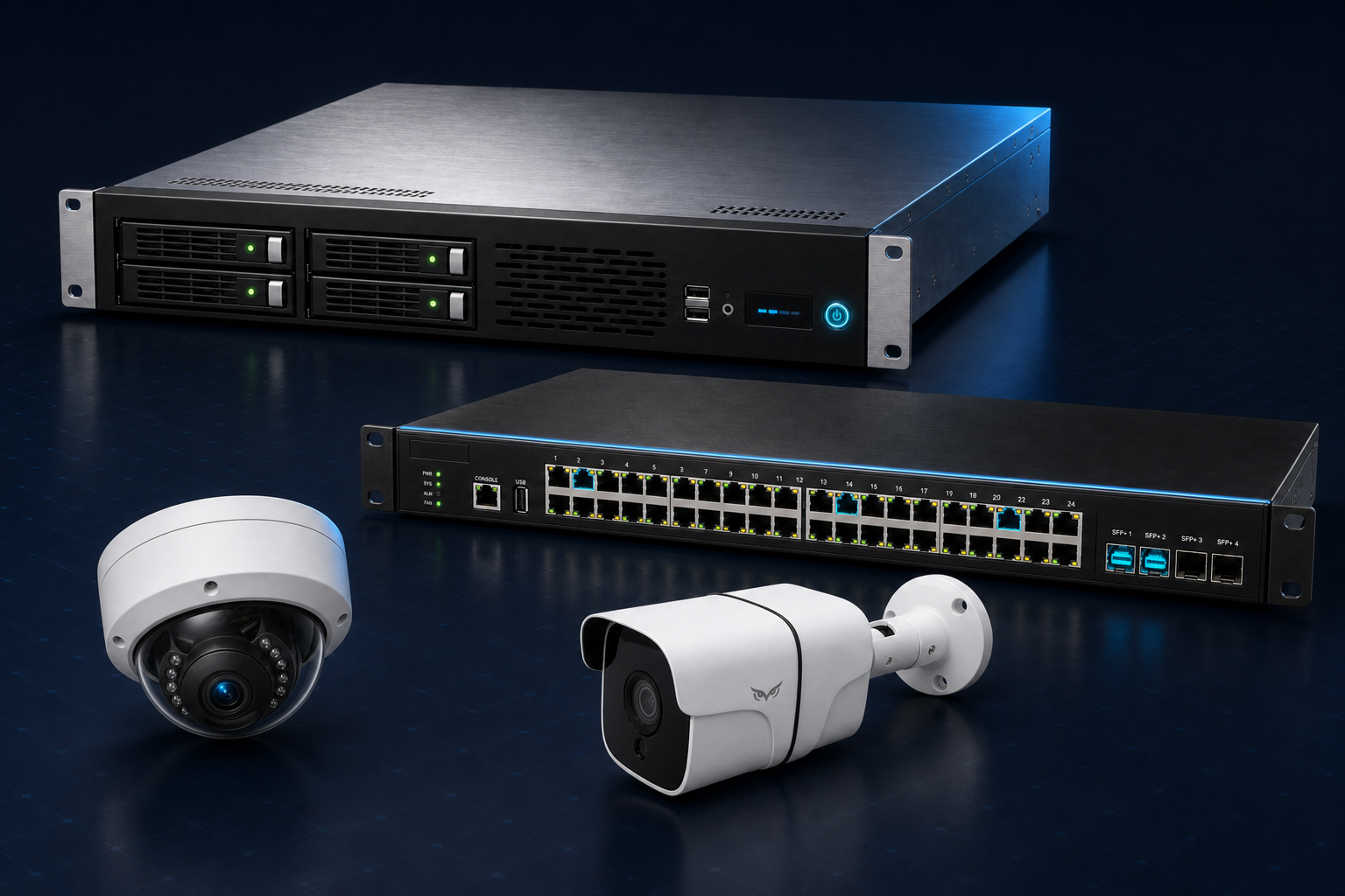 Owl-NVR hardware lineup: 2U rack-mount recorder, 24-port PoE switch, dome camera, and bullet camera