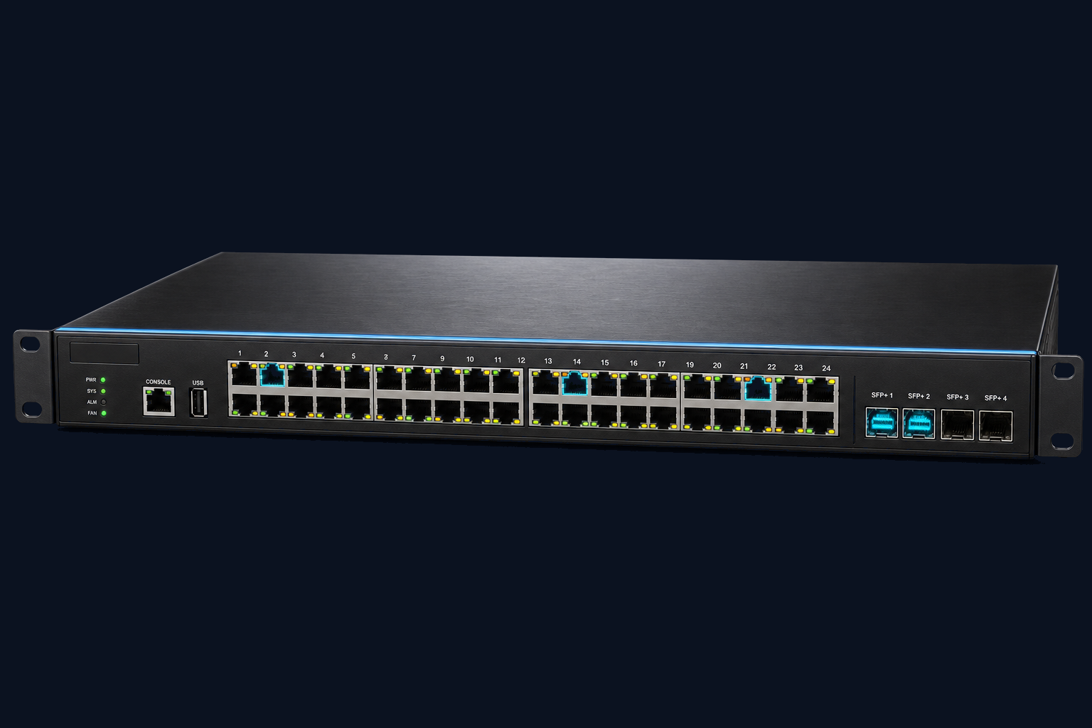 1U managed Gigabit PoE+ rack switch with 24 RJ45 ports and SFP+ uplinks