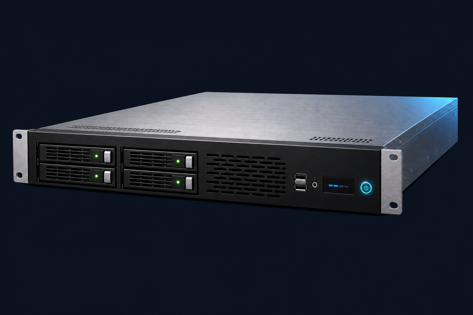 Owl-NVR 2U rack-mount server with four front drive bays and glowing cyan power button