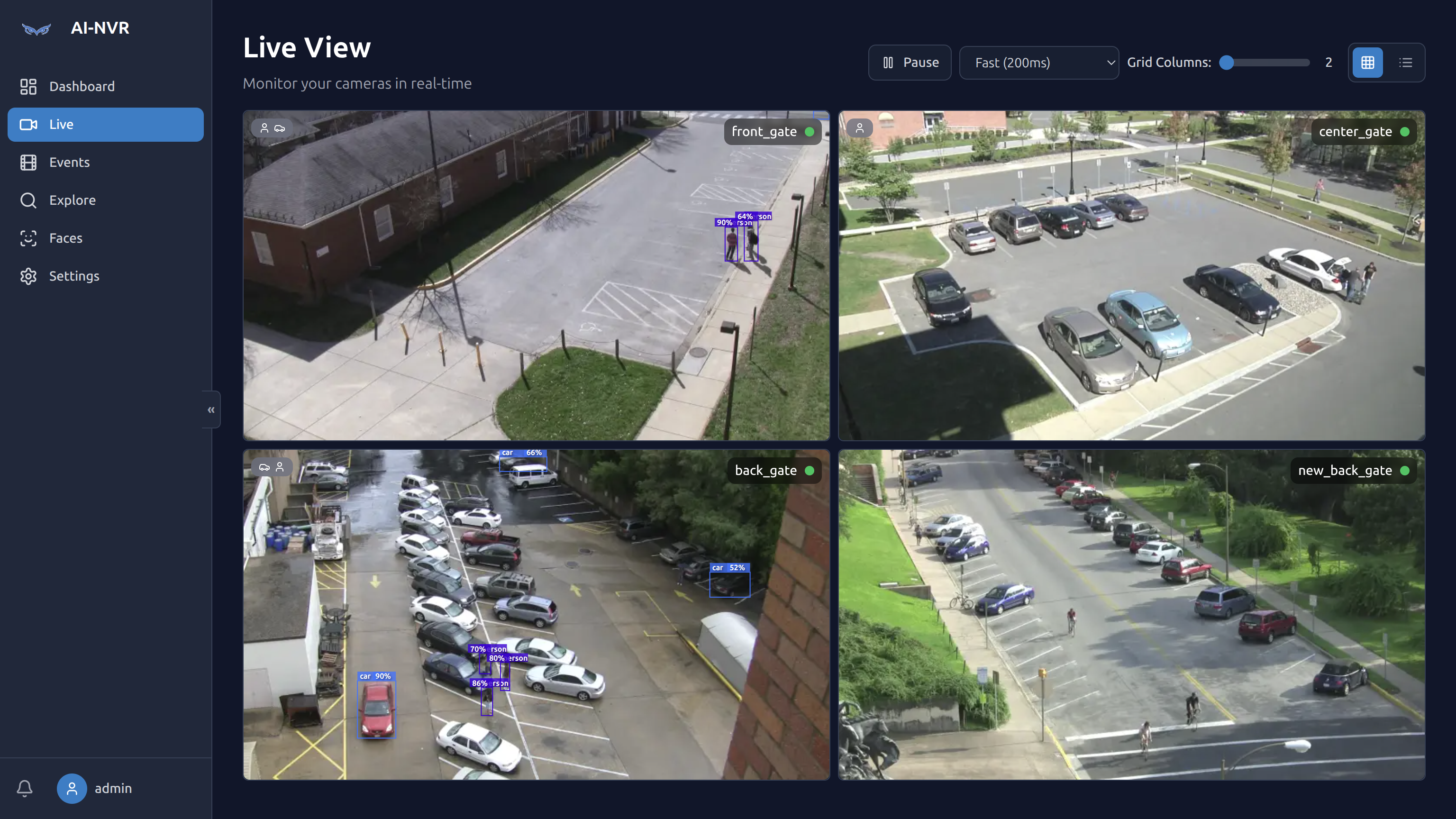 Live view of four cameras with AI detection overlays