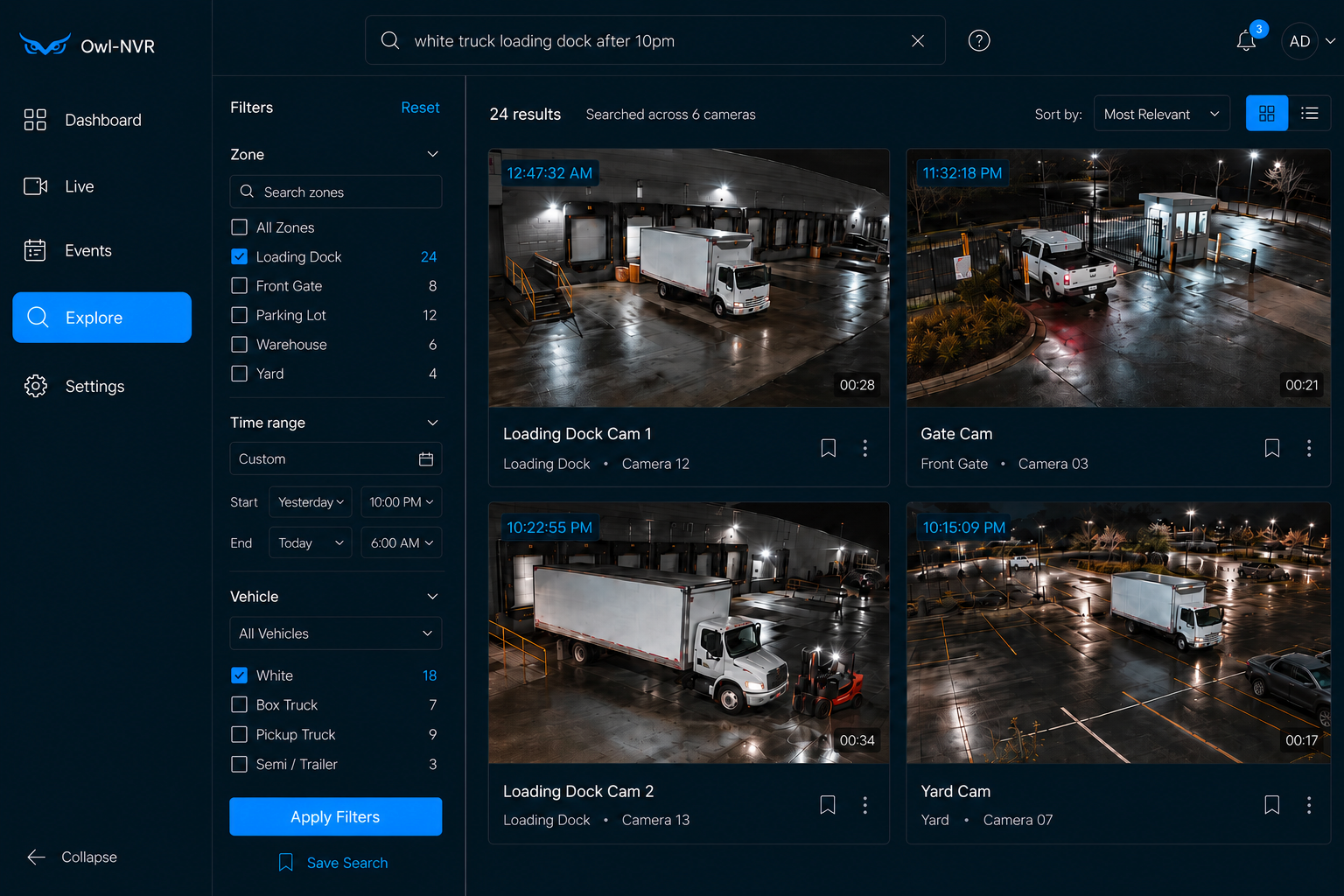Owl-NVR search interface showing a query for a white truck at the loading dock after 10 PM with matching video thumbnails and time filters
